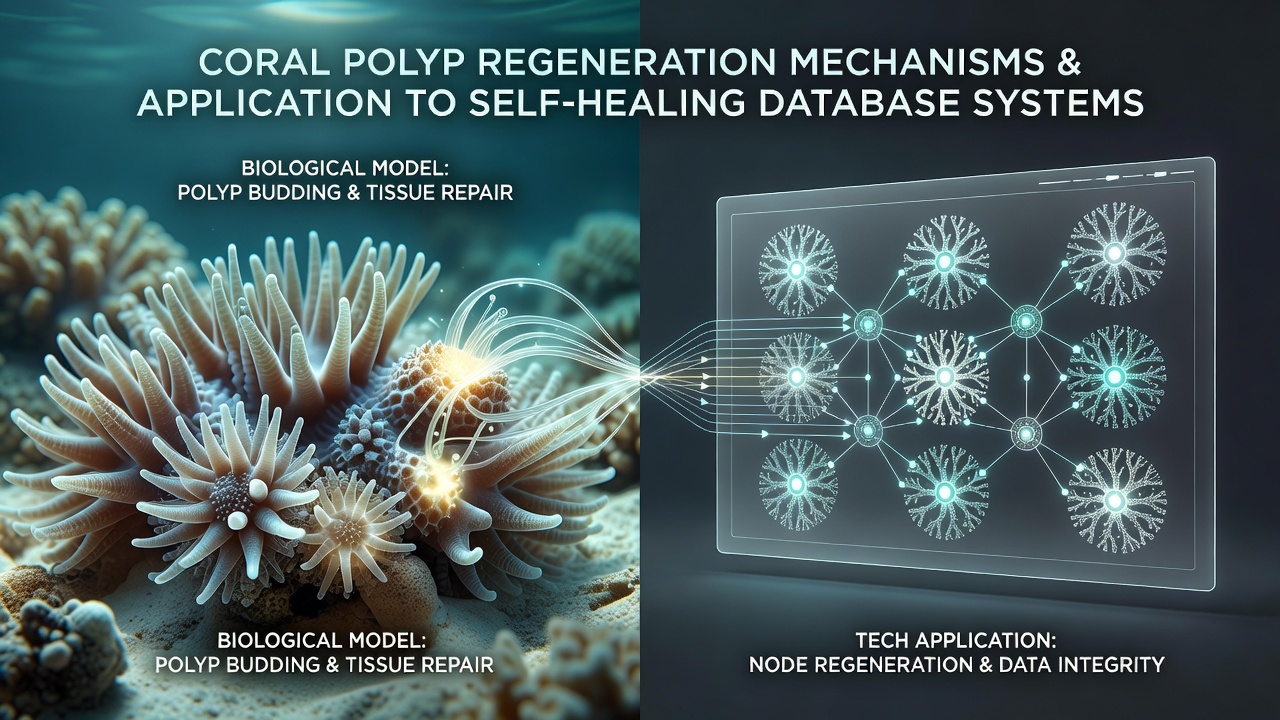 Illustration of database node clusters mimicking coral colony connectivity for automated recovery protocols